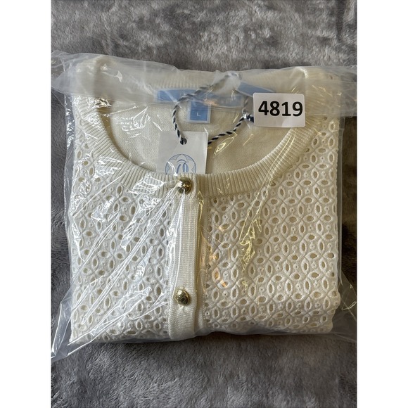 Draper James Eyelet Cardigan Large Willow White Sweater Gold Buttons Office NEW - Picture 14 of 14